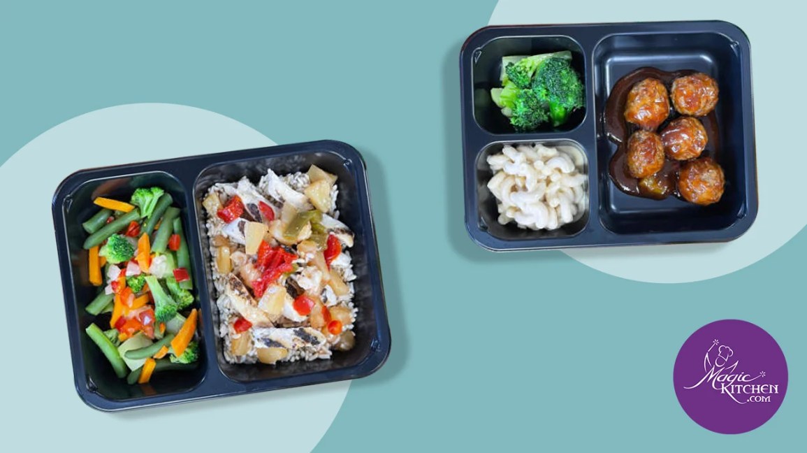 Magic Kitchen logo and two sample meals