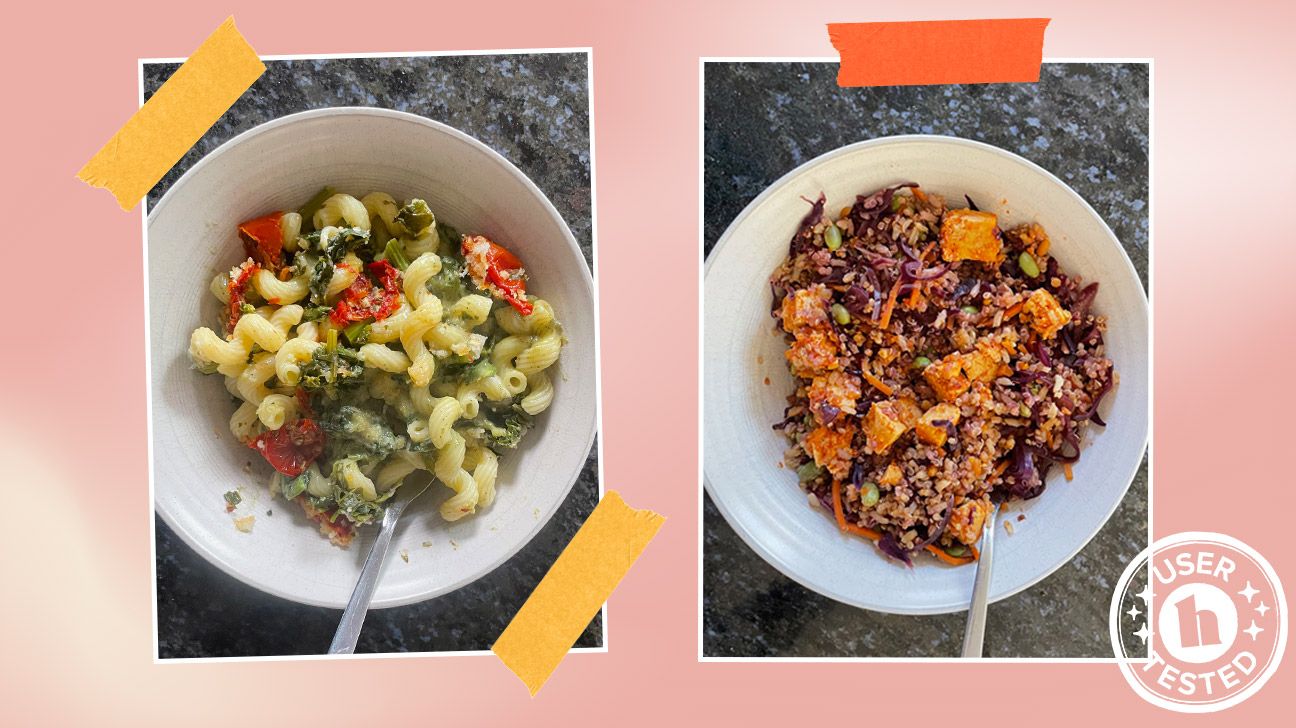 Mosaic vegan Penne alla Vodka and Veggie Pot Pie meals, photos by tester Kelli McGrane, MS, RD.